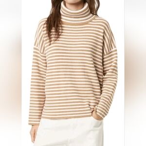 French Connection Micro Stripe Turtleneck Sweater Tan & White Size Large